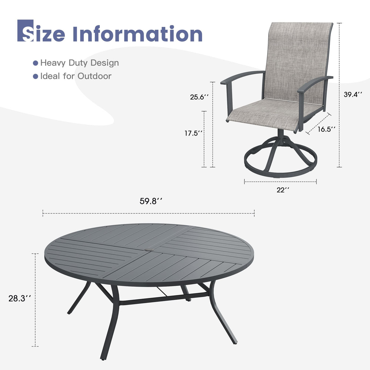VICLLAX 9-pcs Outdoor Dining Set, 60” Round Metal Table with Umbrella Hole & 8 Swivel Textilene Chairs