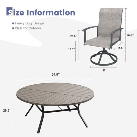VICLLAX 9-pcs Outdoor Dining Set, 60” Round Metal Table with Umbrella Hole & 8 Swivel Textilene Chairs