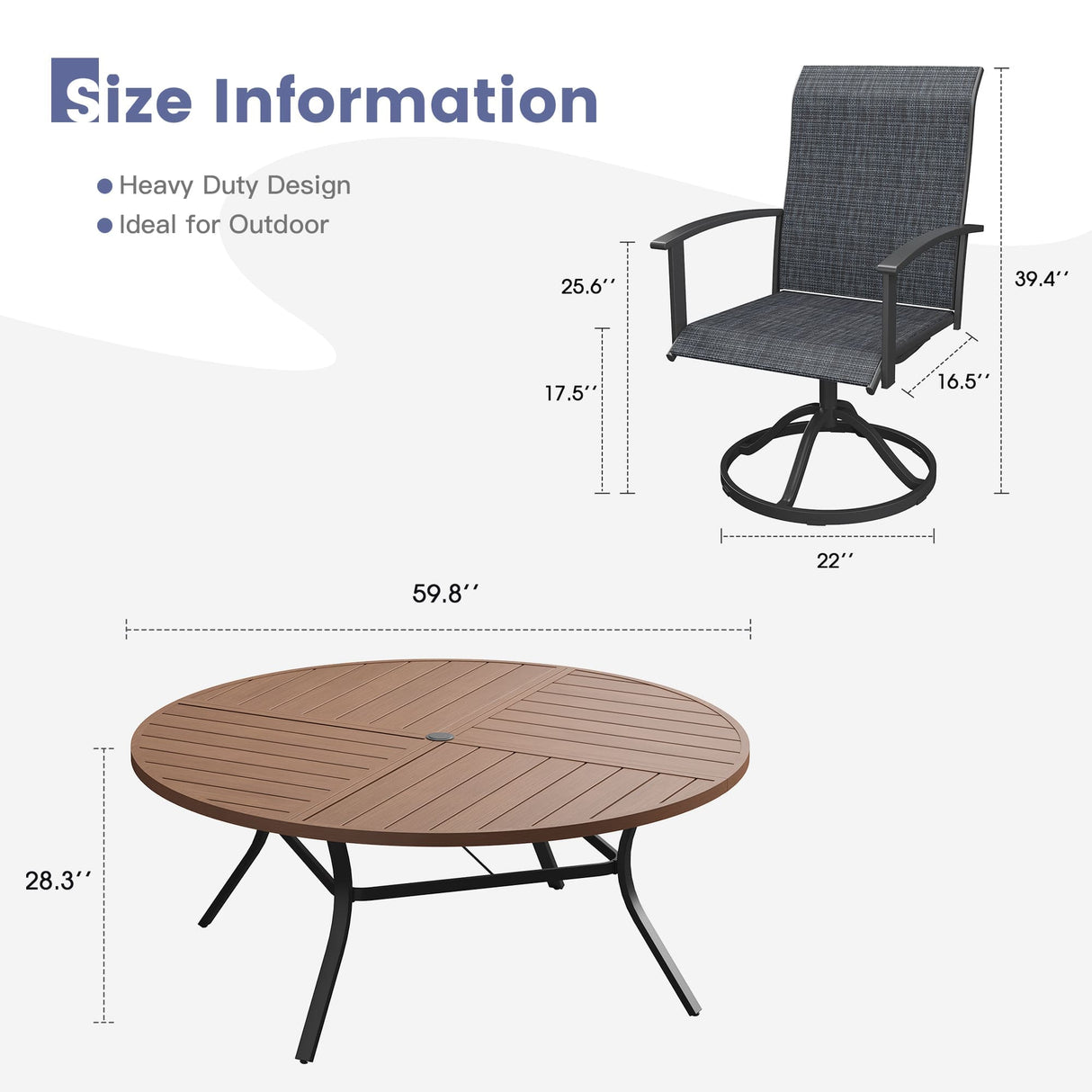 VICLLAX 9-pcs Outdoor Dining Set, 60” Round Metal Table with Umbrella Hole & 8 Swivel Textilene Chairs