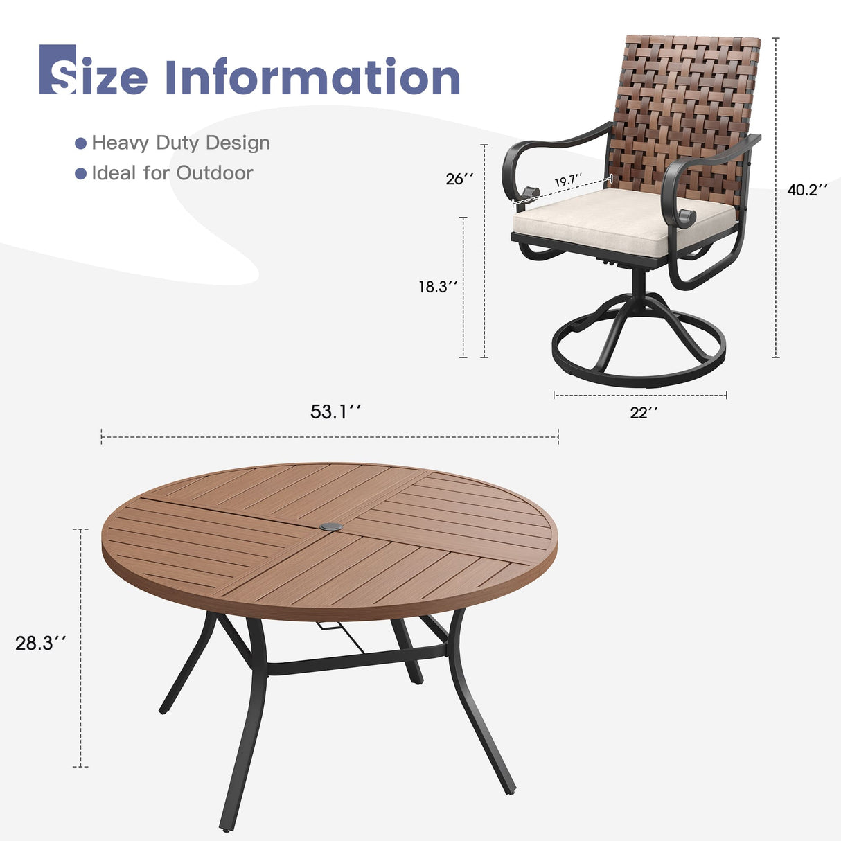 Vicllax 7 Pieces Patio Dining Table Set, 53" Round Metal Table and Sierra Swivel Chair