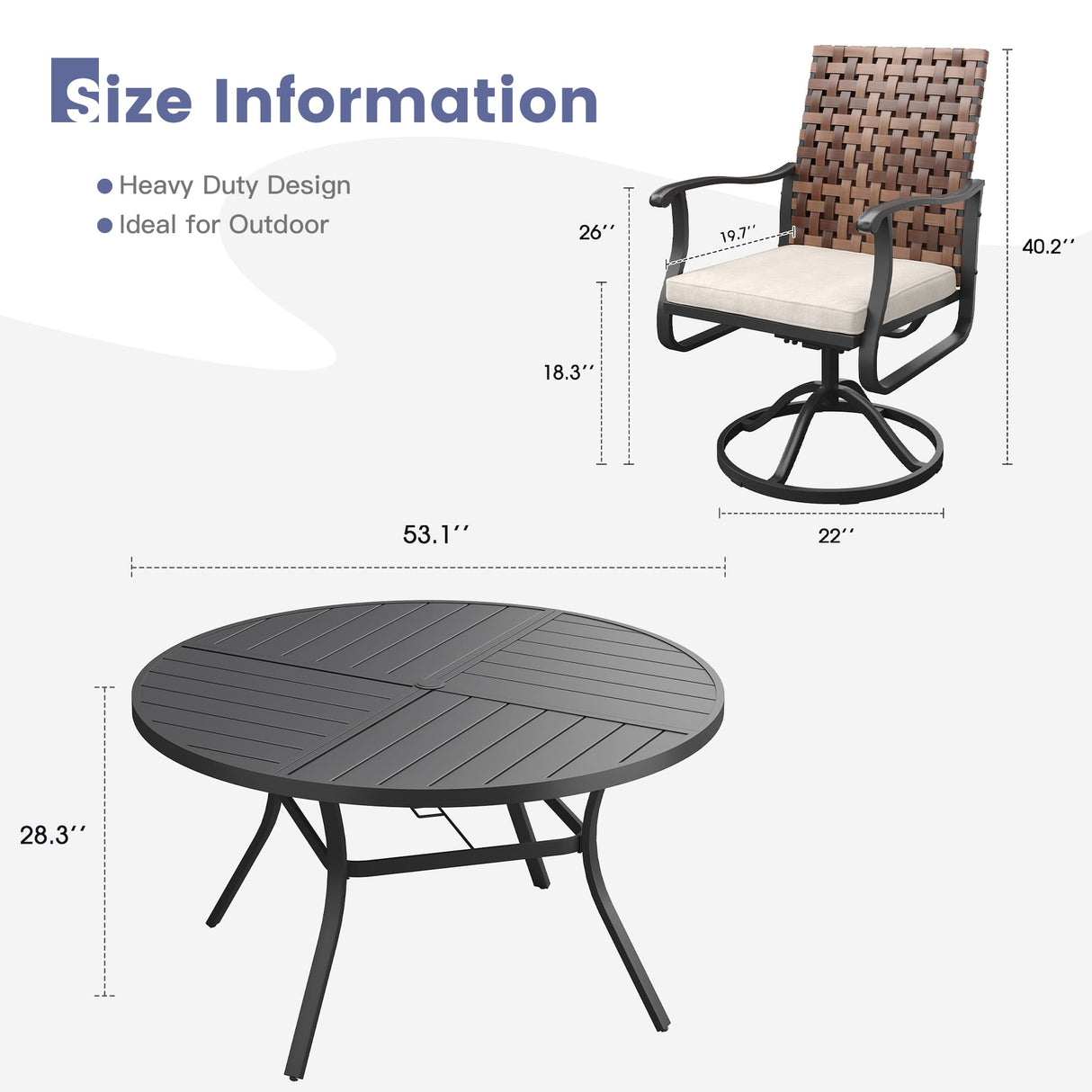 Vicllax 7 PCS Patio Dining Table Set, 50"/ 53" Round Metal Table and Sienna Swivel Chairs