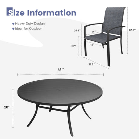 Vicllax 11 PCS Patio Dining Table Set, 63" Round Metal Table with Shelf and Skyline Stackable Chair