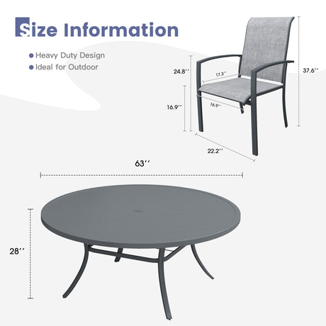 Vicllax 11 PCS Patio Dining Table Set, 63" Round Metal Table with Shelf and Skyline Stackable Chair