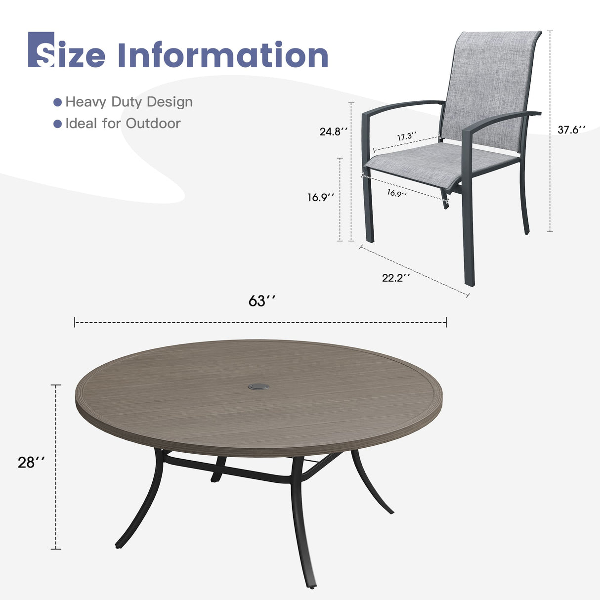 Vicllax 11 PCS Patio Dining Table Set, 63" Round Metal Table with Shelf and Skyline Stackable Chair