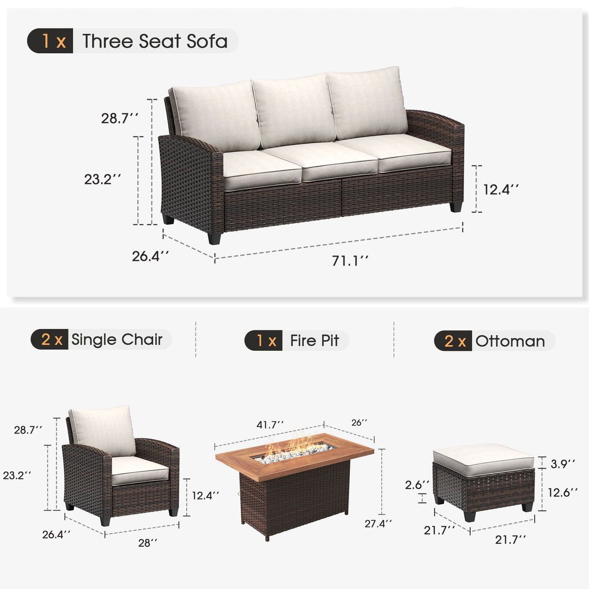 Vicllax Versatile Wicker Patio Set: 6 Pieces with Fire Table and Ottoman