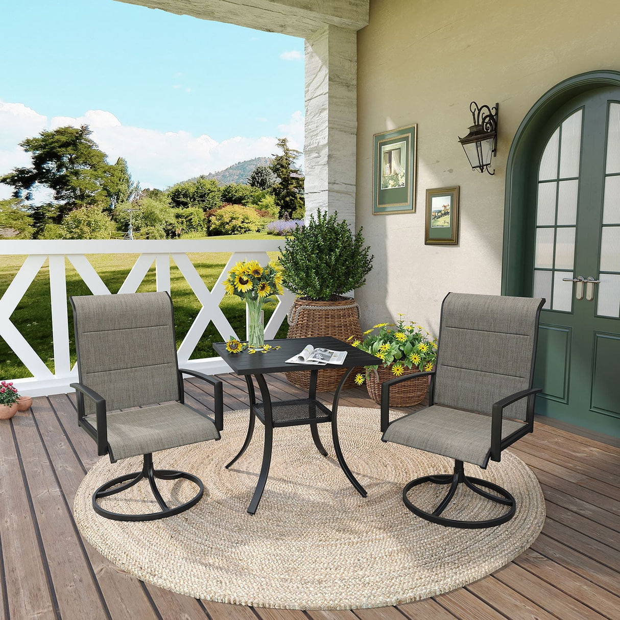 Vicllax 3-Piece Patio Bistro Set, Outdoor Swivel Chairs and Metal Square Table