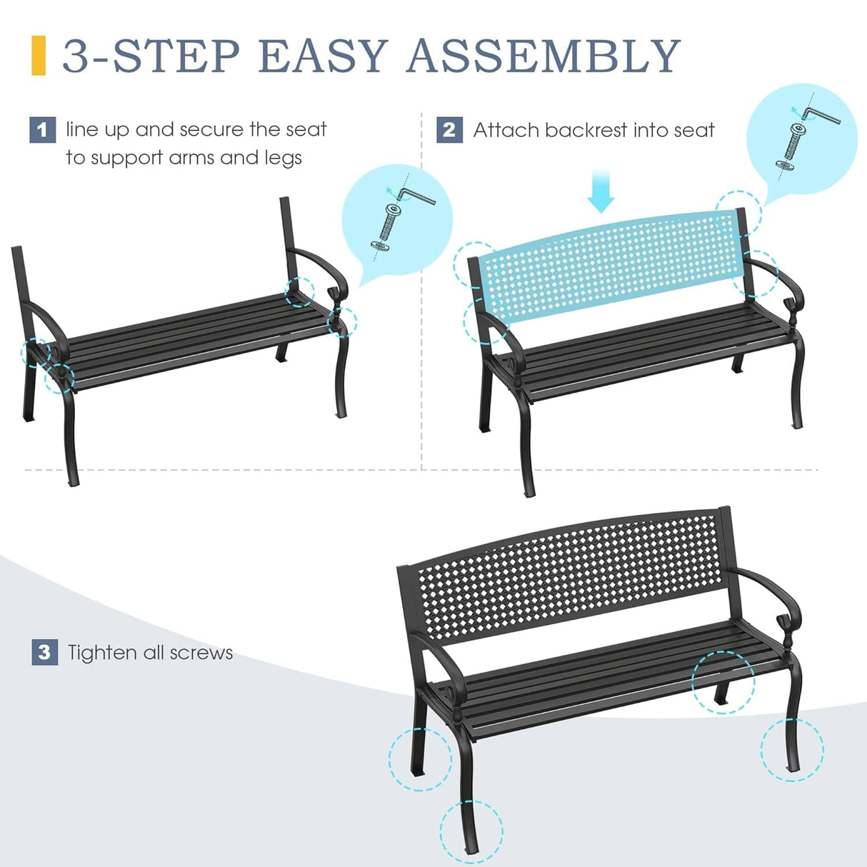 Vicllax Outdoor Garden Bench, Waterproof Patio Metal Bench