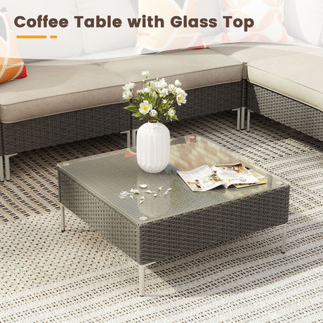 Vicllax 5/7 PCS Wicker Outdoor Conversation Set Patio Sectional Sofas with Glass Coffee Table