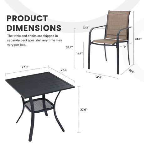 Vicllax 3-Piece Patio Bistro Set, Outdoor Stackable Sling Chairs and Black Metal Square Table