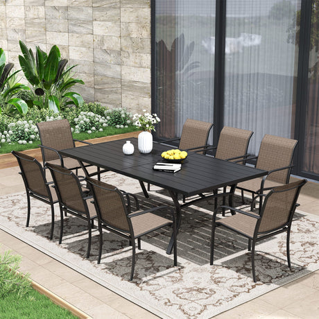 VICLLAX Patio 9 Pieces Outdoor Dining Set, 70.9" Rectangular Metal Dining Table and Stackable Sling Dining Chair with Armrest