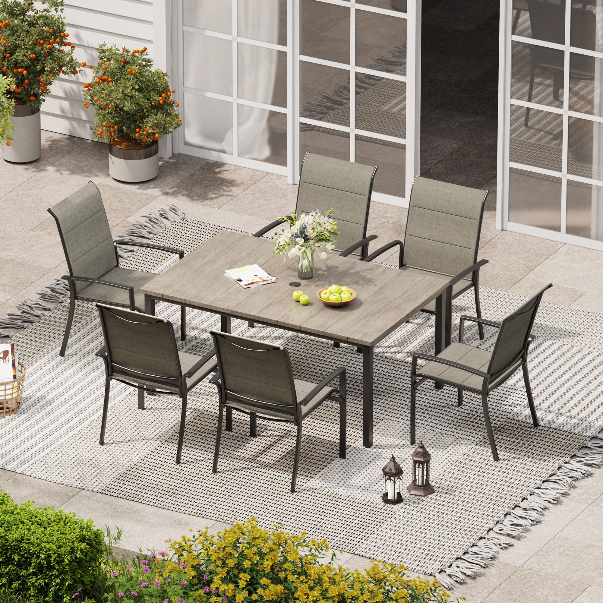 Vicllax 7 Pieces Outdoor Dining Set with Metal Rectangular Table and Stackable Padded Sling Chair