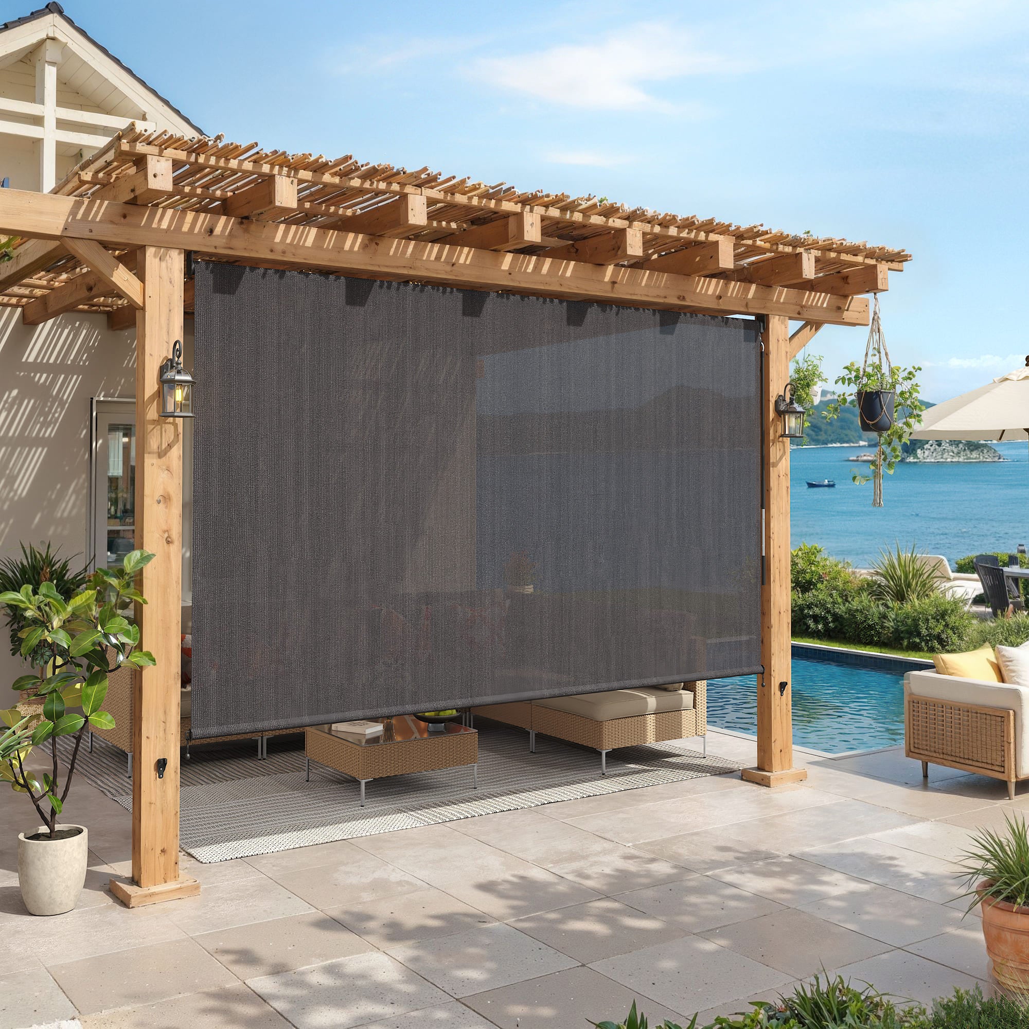 Vicllax Outdoor Cordless Sun Blocking Roller Shade, Patio Crank Roll U