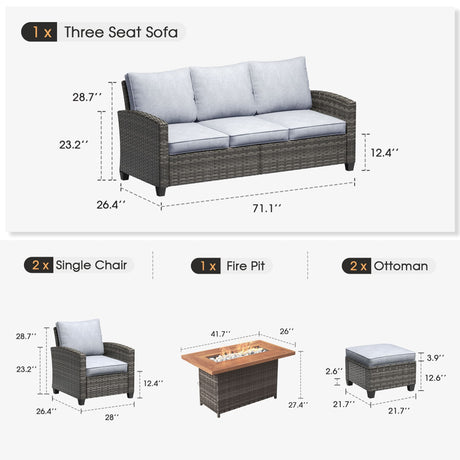 Vicllax Versatile Wicker Patio Set: 6 Pieces with Fire Table and Ottoman