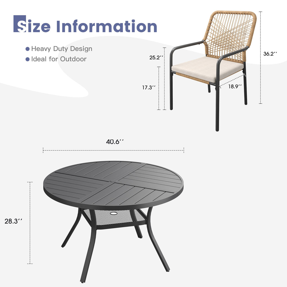 Vicllax 5 PCS Patio Dining Table Set, 41" Round Metal Table with Shelf and Alora Stackable Chair