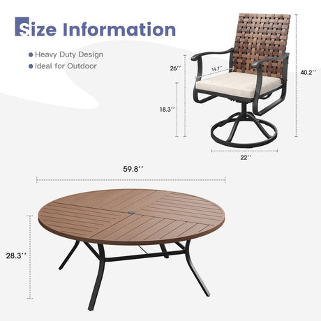 Vicllax 9 PCS Patio Dining Table Set, 60" Round Metal Table and Sienna Swivel Chairs