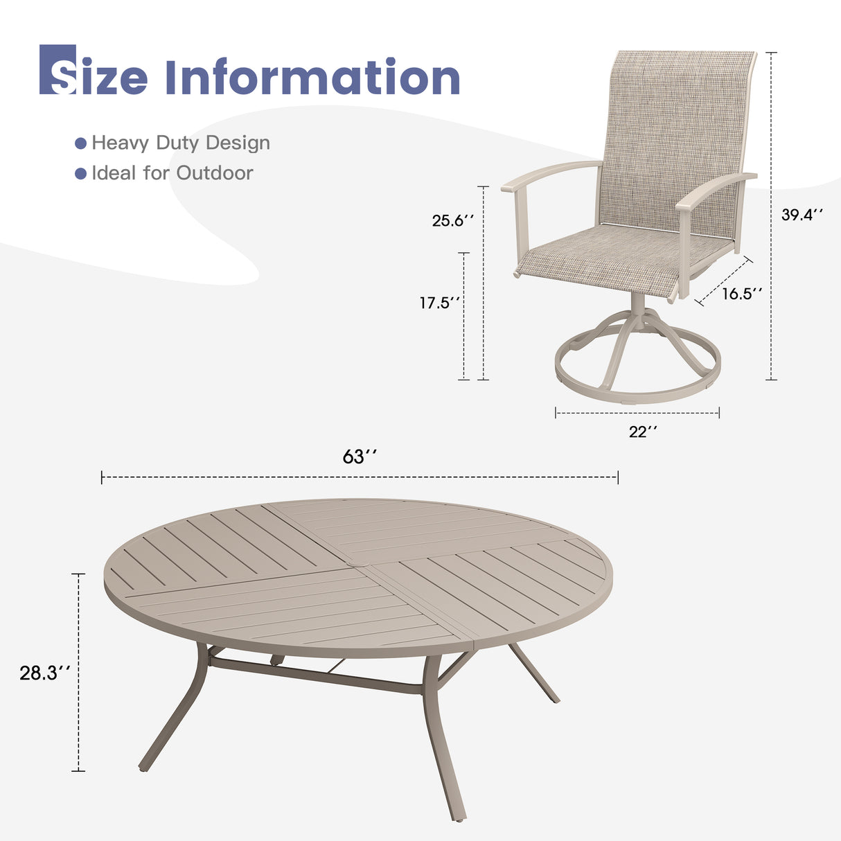 VICLLAX 9-pcs Outdoor Dining Set, 63” Round Metal Table with Umbrella Hole & 8 Swivel Textilene Chairs