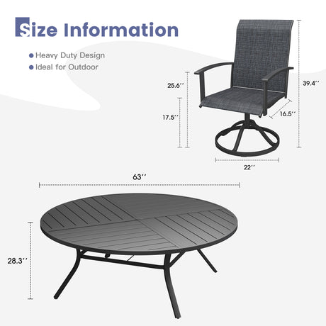 VICLLAX 9-pcs Outdoor Dining Set, 63” Round Metal Table with Umbrella Hole & 8 Swivel Textilene Chairs