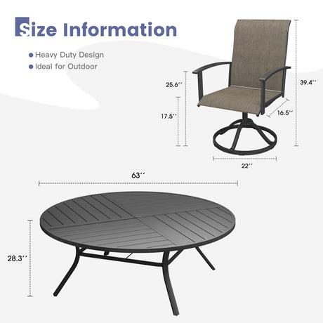 VICLLAX 9-pcs Outdoor Dining Set, 63” Round Metal Table with Umbrella Hole & 8 Swivel Textilene Chairs