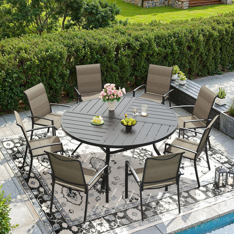 Vicllax Outdoor Dining Set of 8/10, Round Metal Table and Stackable Padded Chair Set of 8, 10
