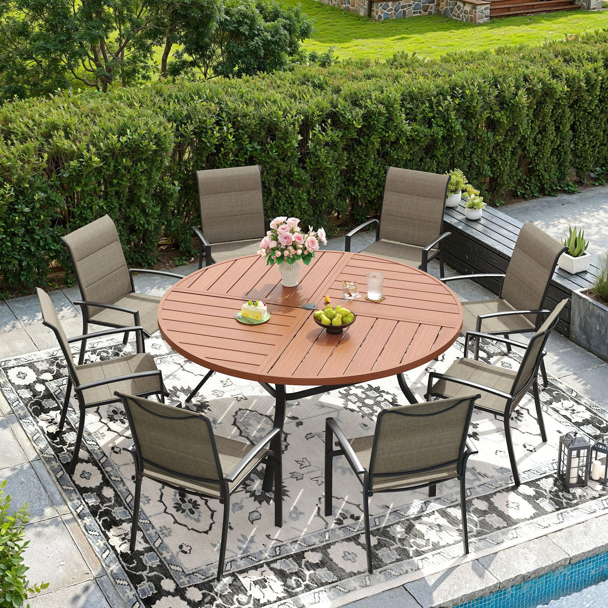 Vicllax Outdoor Dining Set of 8/10, Round Metal Table and Stackable Padded Chair Set of 8, 10
