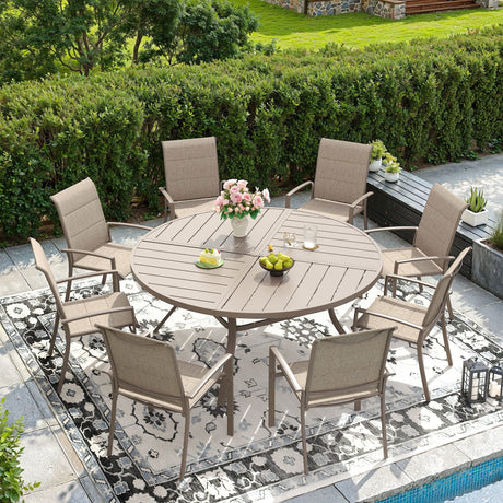 Vicllax Outdoor Dining Set of 8/10, Round Metal Table and Stackable Padded Chair Set of 8, 10