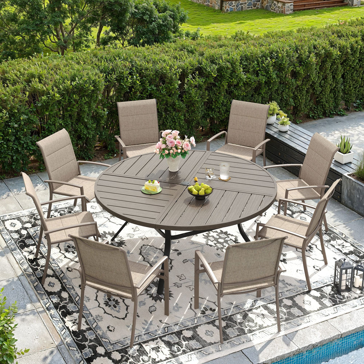 Vicllax Outdoor Dining Set of 8/10, Round Metal Table and Stackable Padded Chair Set of 8, 10