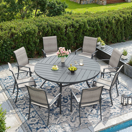 Vicllax Outdoor Dining Set of 8/10, Round Metal Table and Stackable Padded Chair Set of 8, 10