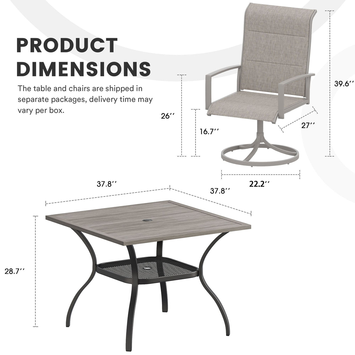 Vicllax 5 Pieces Outdoor Dining Set with Square Table and Padded Swivel Chairs
