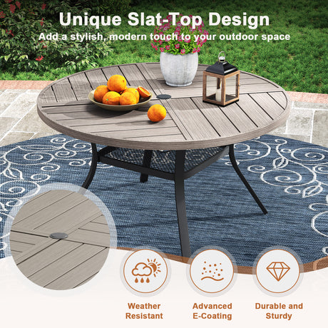 Viclla 9-Piece Outdoor Dining Set, 60” Round Metal Table with Umbrella Hole & Solana Swivel Chair