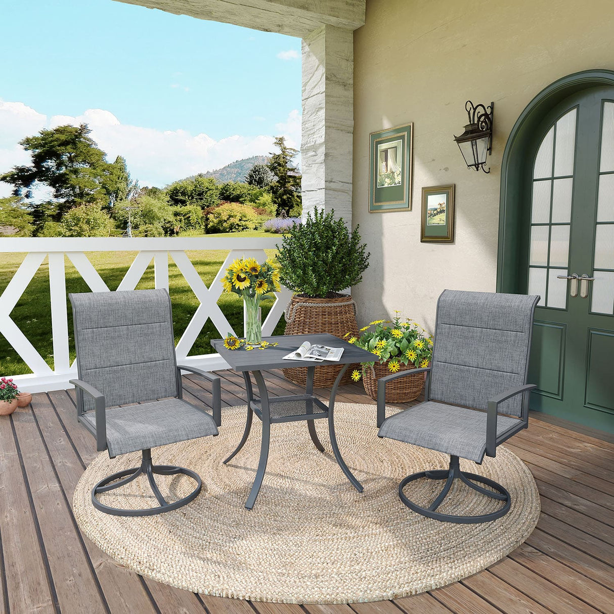 Vicllax 3-Piece Patio Bistro Set, Outdoor Swivel Chairs and Metal Square Table