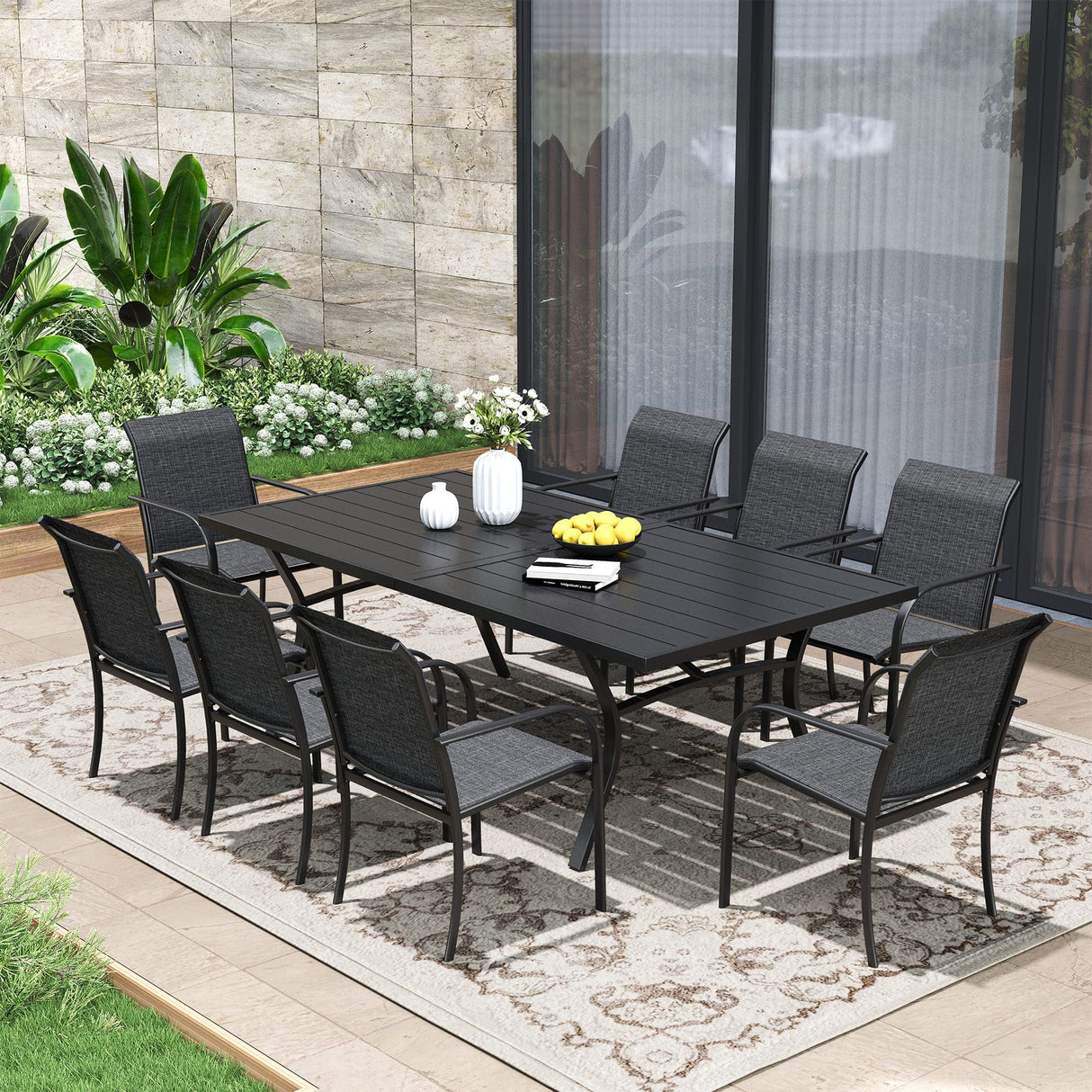 VICLLAX Patio 9 Pieces Outdoor Dining Set, 70.9" Rectangular Metal Dining Table and Stackable Sling Dining Chair with Armrest