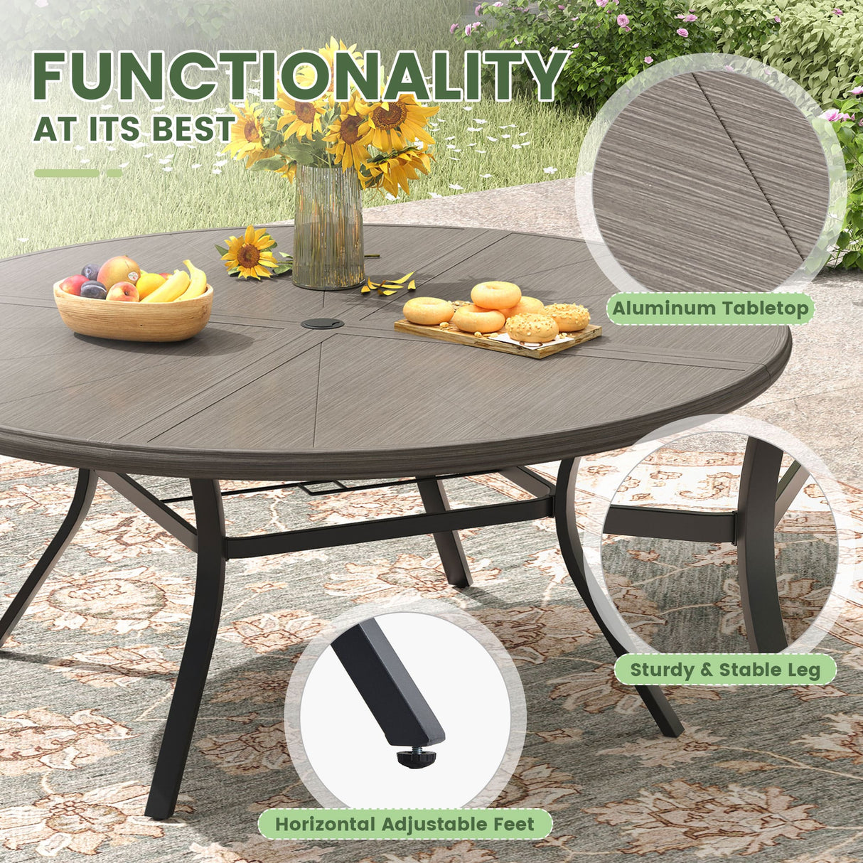 Vicllax Outdoor Round Dining Table, Patio Aluminum Tabletop with Storage Shelf