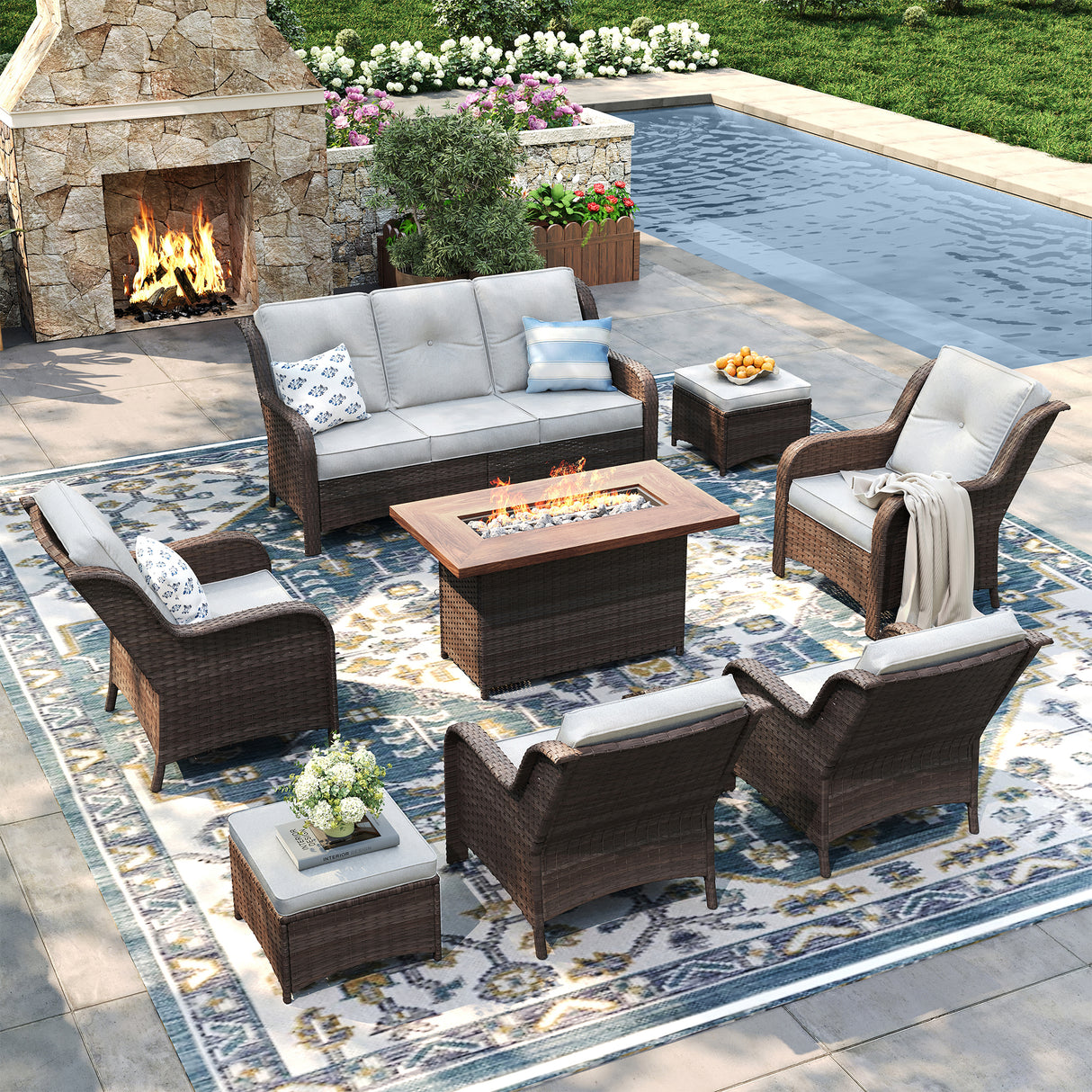 Vicllax Patio Wicker Oasis Lounge Set, 7-Piece Outdoor Sofa Set with Fire Pit Table(Stable Sofa Chair Set)
