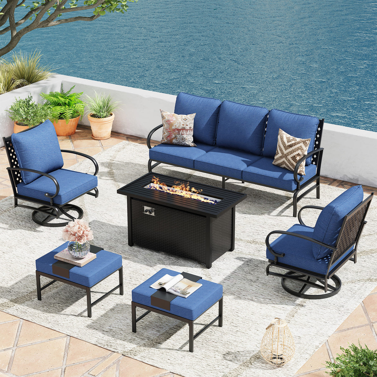 Vicllax Outdoor Patio Conversation Sofa Set with Cushioned Sofa Chairs, Ottomans and Metal Rectangular Fire Pit, Blue