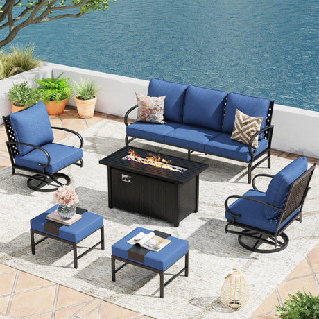 Vicllax Outdoor Patio Conversation Sofa Set with Cushioned Sofa Chairs, Ottomans and Metal Rectangular Fire Pit, Blue