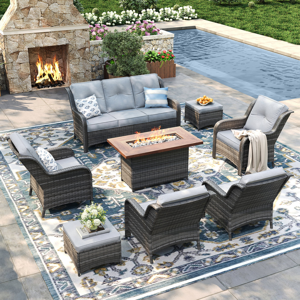 Vicllax Patio Wicker Oasis Lounge Set, 7-Piece Outdoor Sofa Set with Fire Pit Table(Stable Sofa Chair Set)