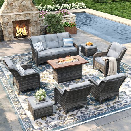 Vicllax Patio Wicker Oasis Lounge Set, 7-Piece Outdoor Sofa Set with Fire Pit Table(Stable Sofa Chair Set)