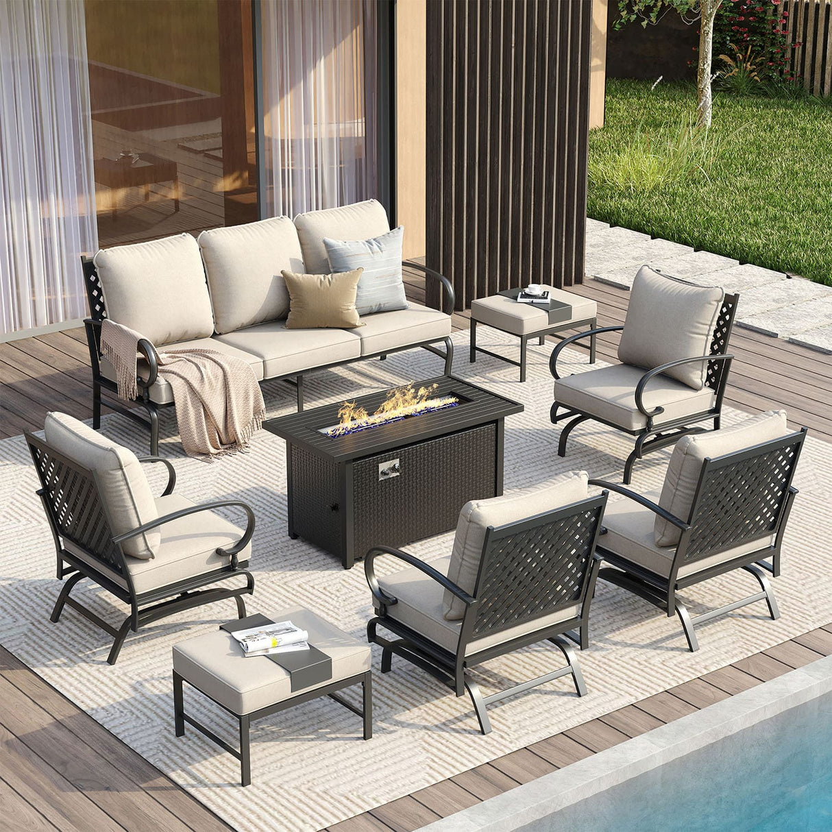 Vicllax 8-Piece Outdoor Patio Conversation Sofa Set With Metal Rectangular Fire Pit and Ottomans
