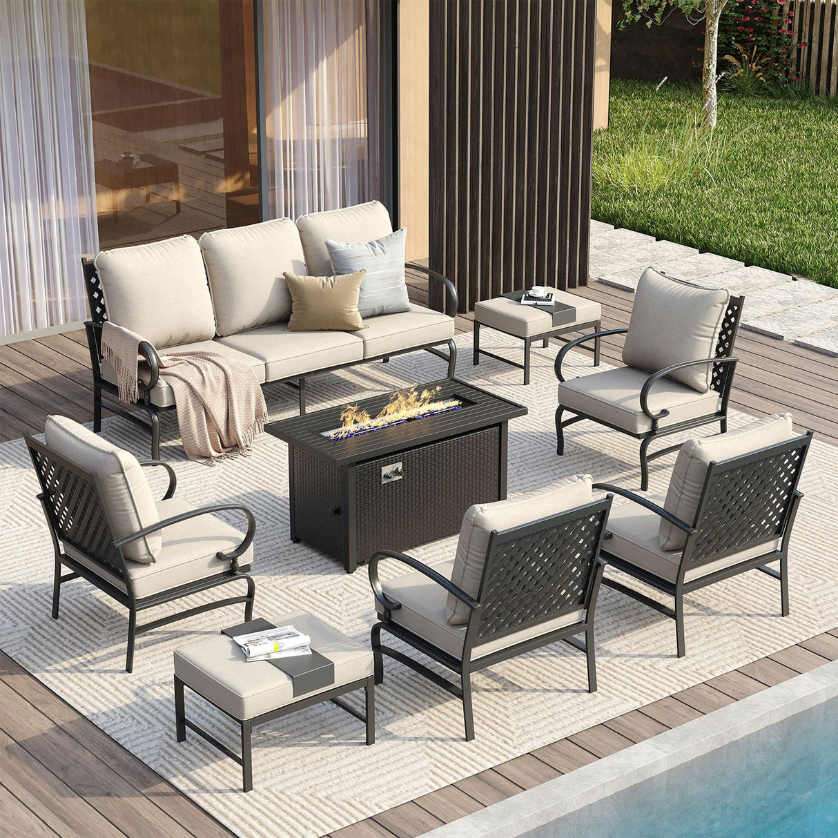 Vicllax 8-Piece Outdoor Patio Conversation Sofa Set With Metal Rectangular Fire Pit and Ottomans