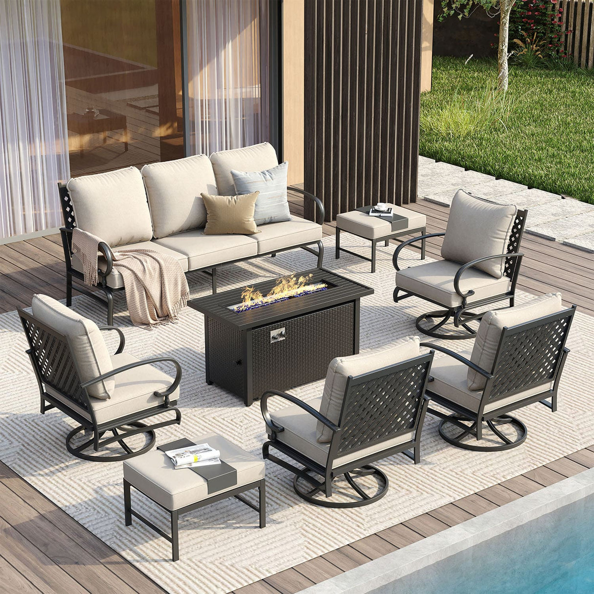 Vicllax 8-Piece Outdoor Patio Conversation Sofa Set With Metal Rectangular Fire Pit and Ottomans