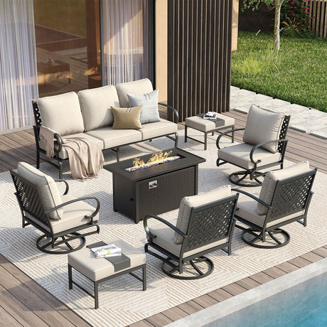 Vicllax 8-Piece Outdoor Patio Conversation Sofa Set With Metal Rectangular Fire Pit and Ottomans