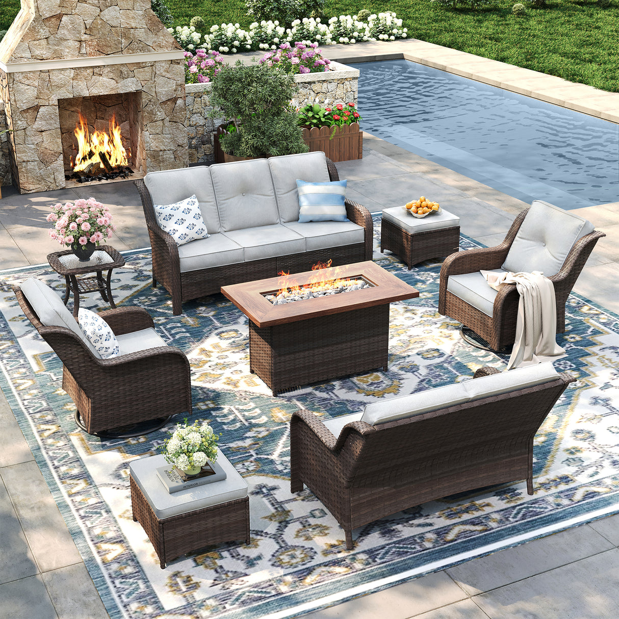 Vicllax Patio Wicker Oasis Lounge Set, 8-Piece Outdoor Sofa Set with Fire Pit Table(Swivel Sofa Chair Set)