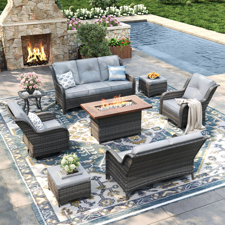 Vicllax Patio Wicker Oasis Lounge Set, 8-Piece Outdoor Sofa Set with Fire Pit Table(Swivel Sofa Chair Set)