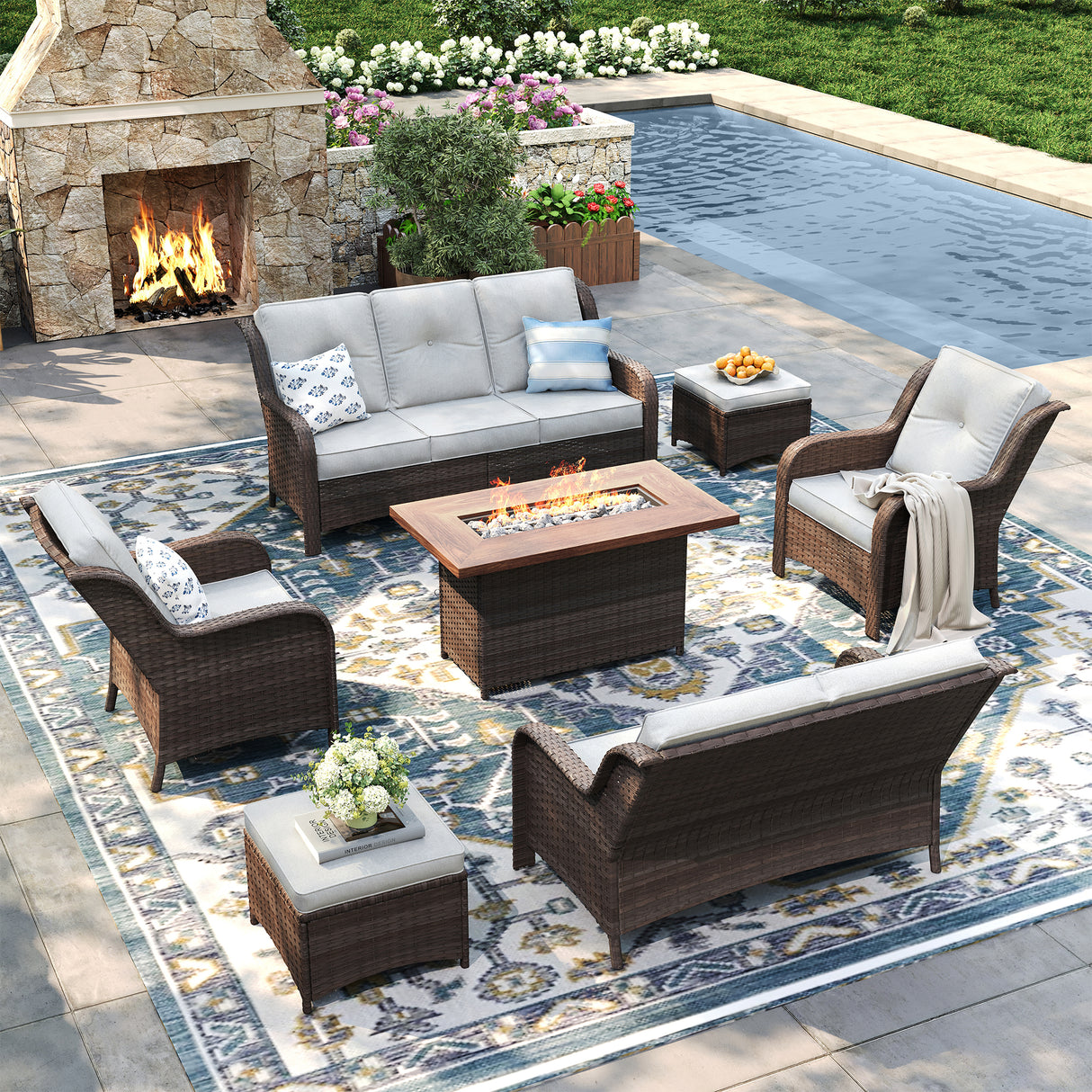 Vicllax Patio Wicker Oasis Lounge Set, 6-Piece Outdoor Sofa Set with Fire Pit Table(Stable Sofa Chair Set)
