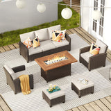 Vicllax Patio Furniture Set, Wicker Outdoor Conversation Set with Cushioned Sofa Chairs Fire Pit Table and Ottomans