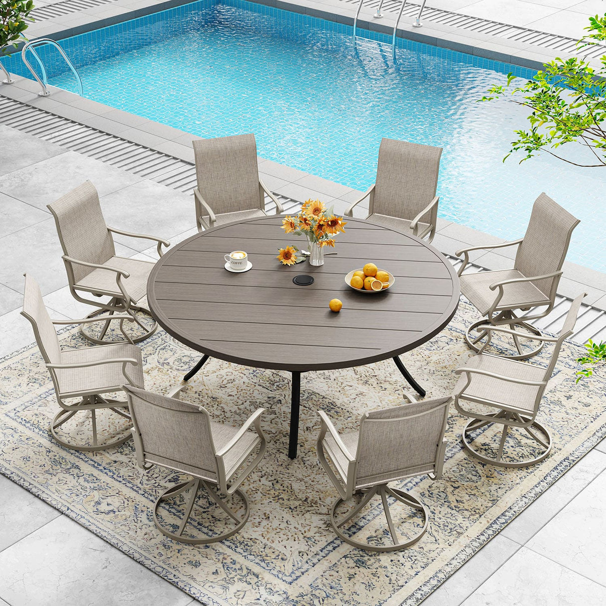 Vicllax 7/9 Pieces Outdoor Dining Set, Metal Round Dining Table and Premium Swivel Chairs