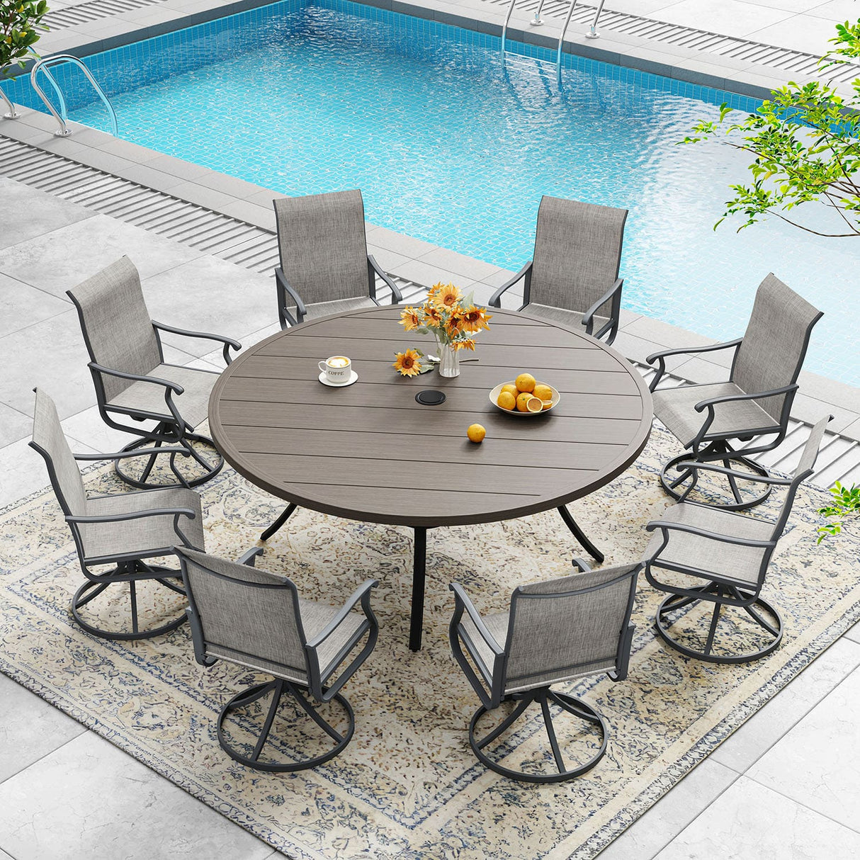 Vicllax 7/9 Pieces Outdoor Dining Set, Metal Round Dining Table and Premium Swivel Chairs