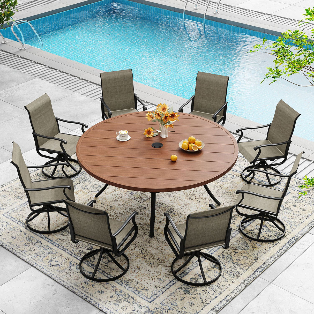Vicllax 7/9 Pieces Outdoor Dining Set, Metal Round Dining Table and Premium Swivel Chairs