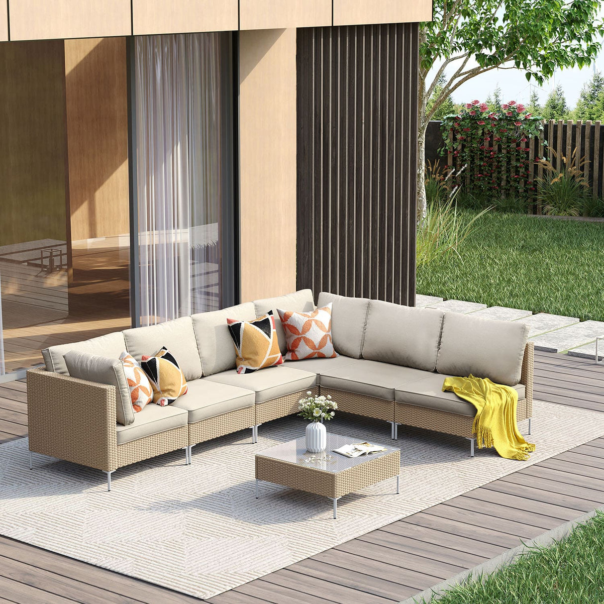 Vicllax 5/7 PCS Wicker Outdoor Conversation Set Patio Sectional Sofas with Glass Coffee Table