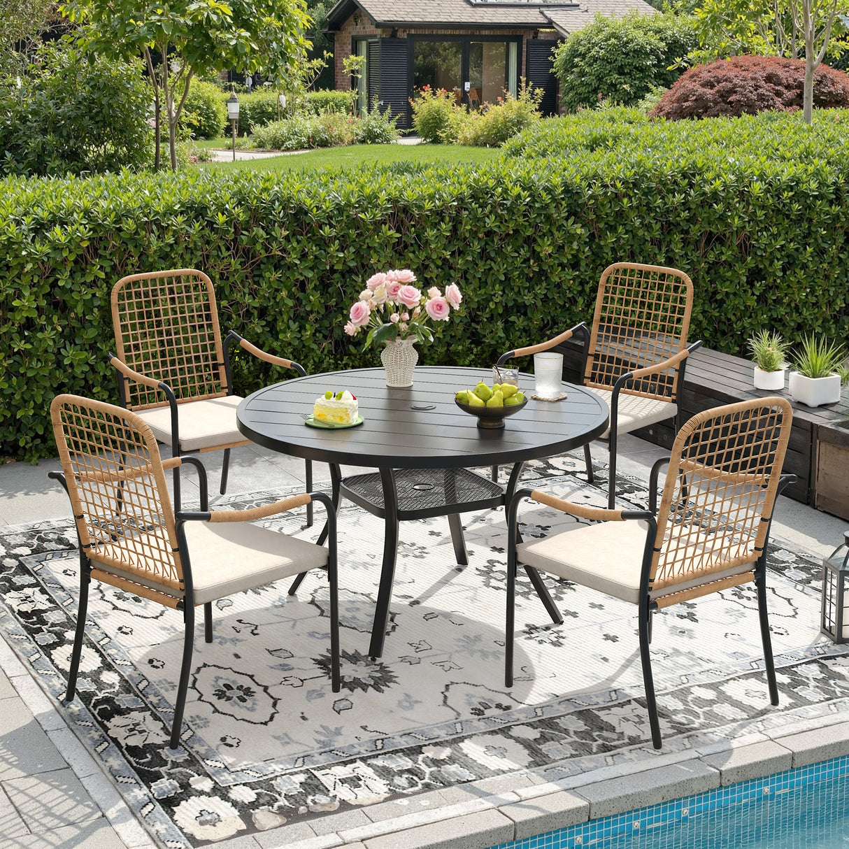 Vicllax 5 Pieces Outdoor Dining Set, 40.6" Round Table and Solana Stackable Chair